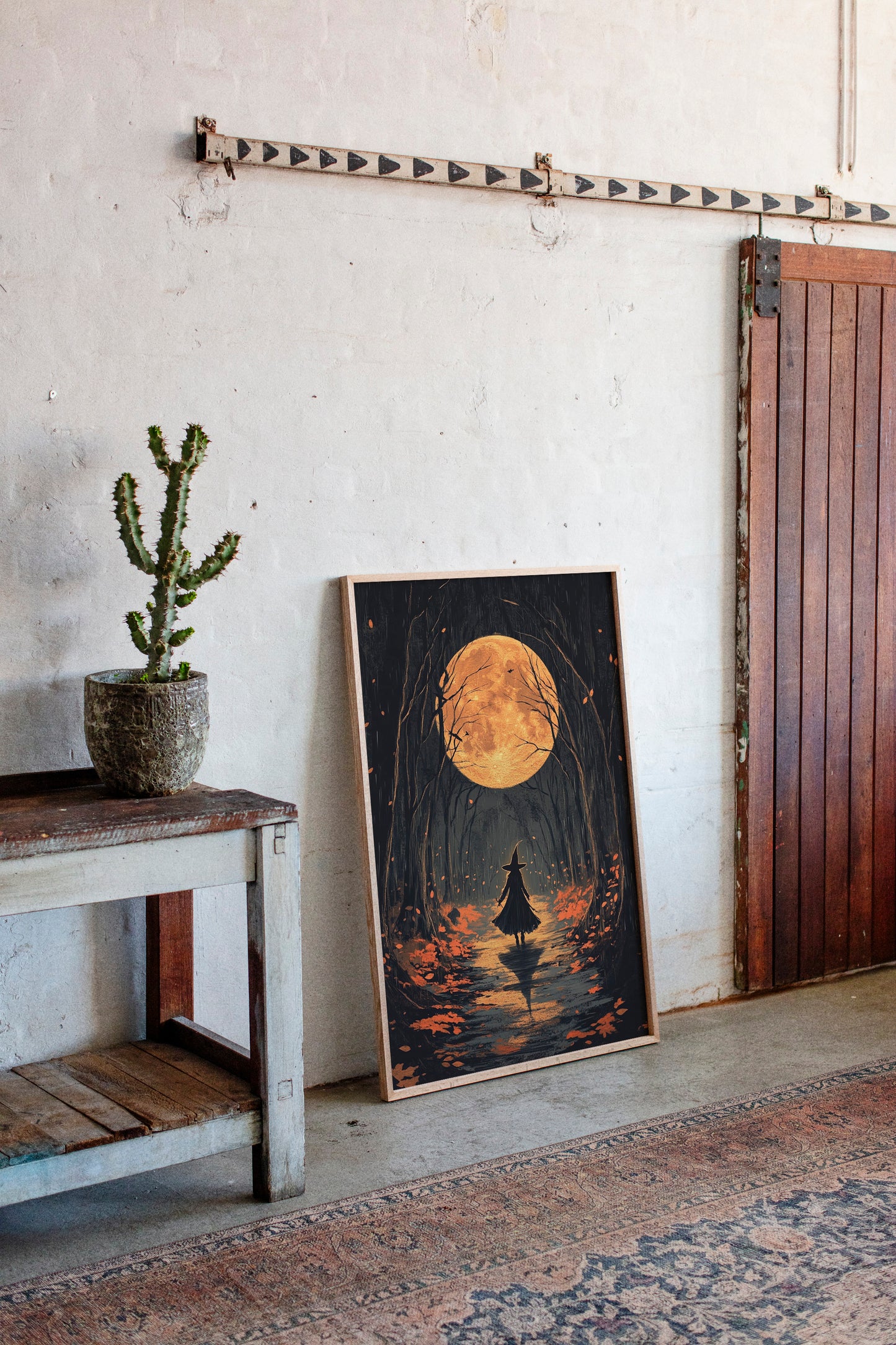 Witch Under Full Moon Art Print - Enchanting Autumn Scene - Gallery Canvas image 2