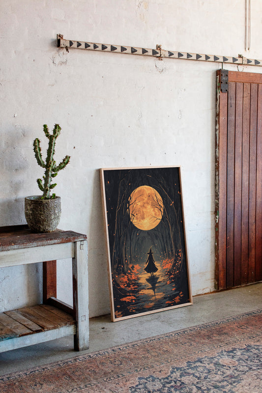Witch Under Full Moon Art Print - Enchanting Autumn Scene - Gallery Canvas image 2