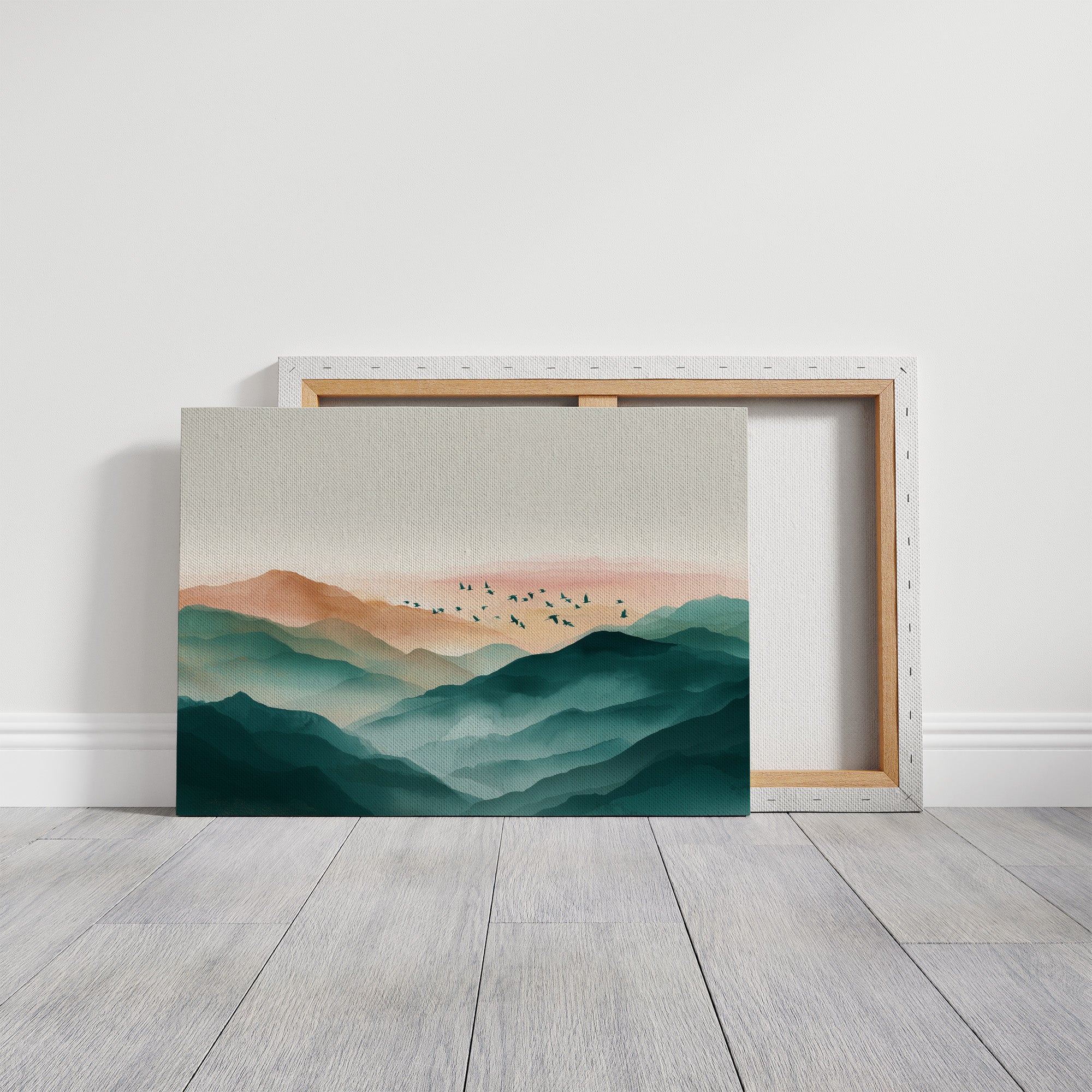 Birds Soar Above Misty Peaks