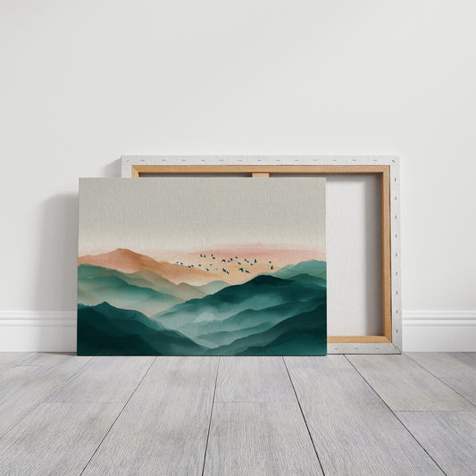 Birds Soar Above Misty Peaks