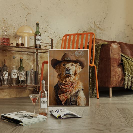 Golden Retriever Gunslinger in a Cowboy Hat