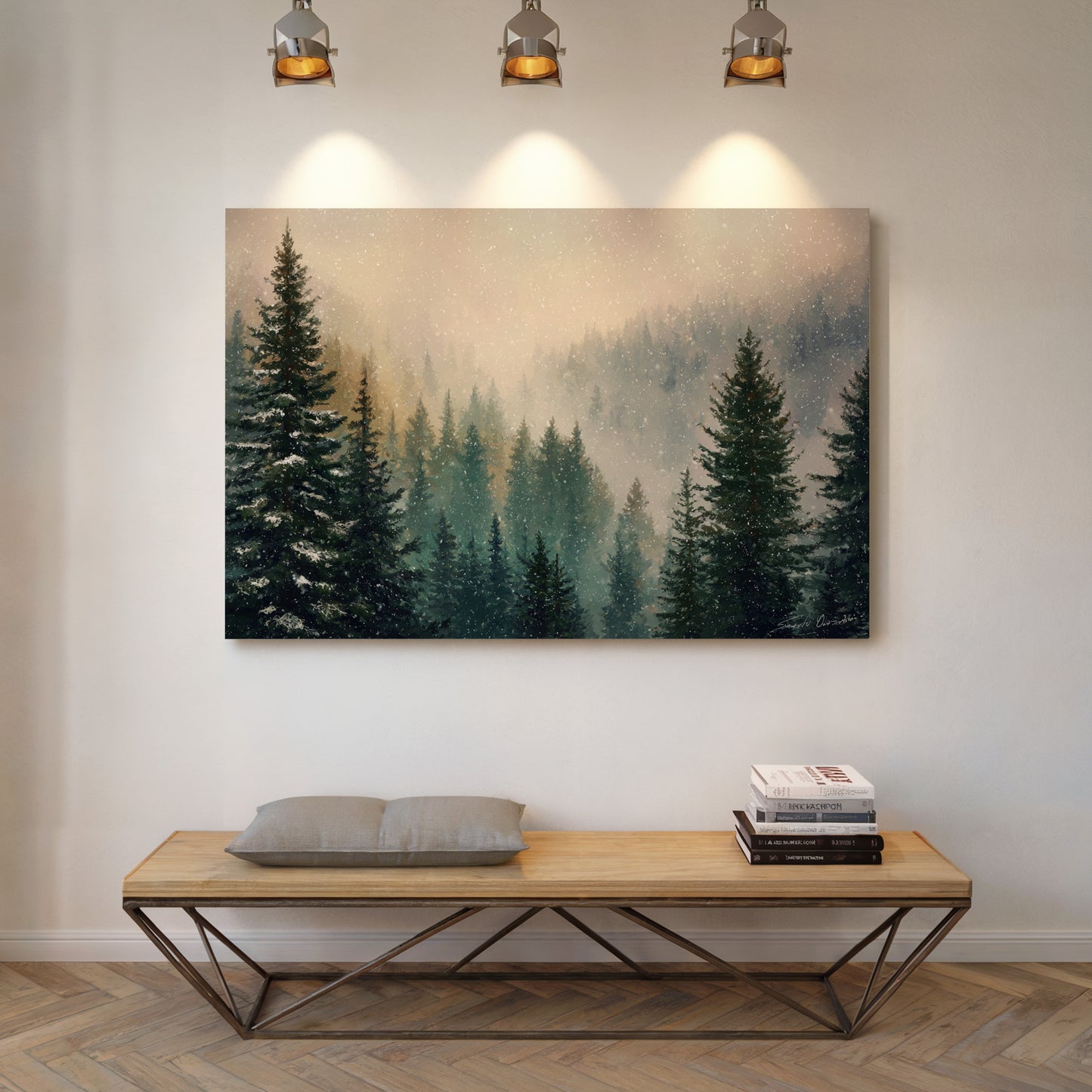 Snow Dances Through Evergreen Light