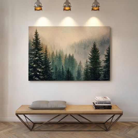 Snow Dances Through Evergreen Light