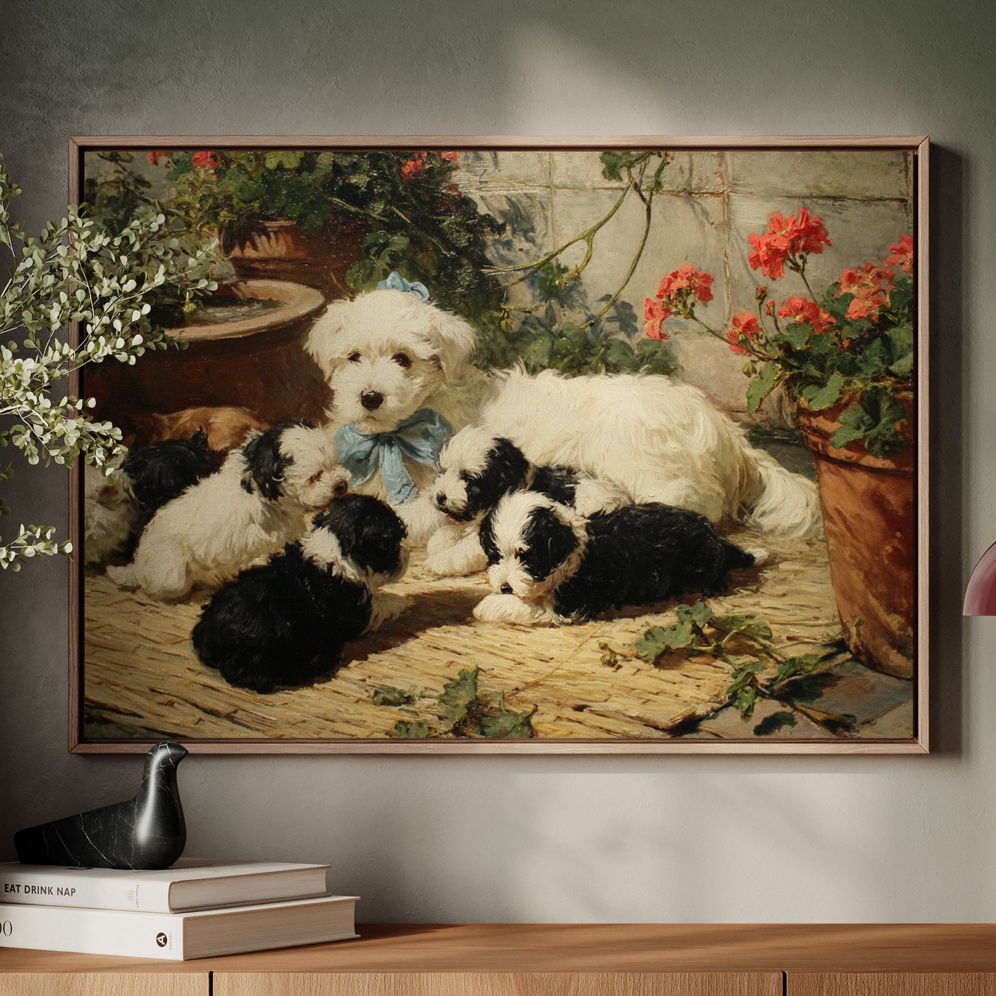 Puppies Rest Among Garden Geraniums