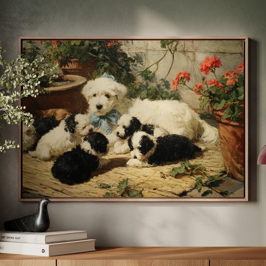Puppies Rest Among Garden Geraniums