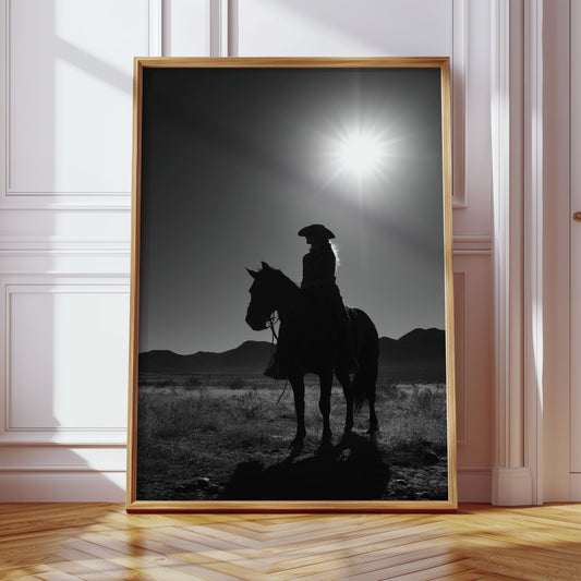 Framed black and white artwork of a silhouette of a person on horseback against a sunset.