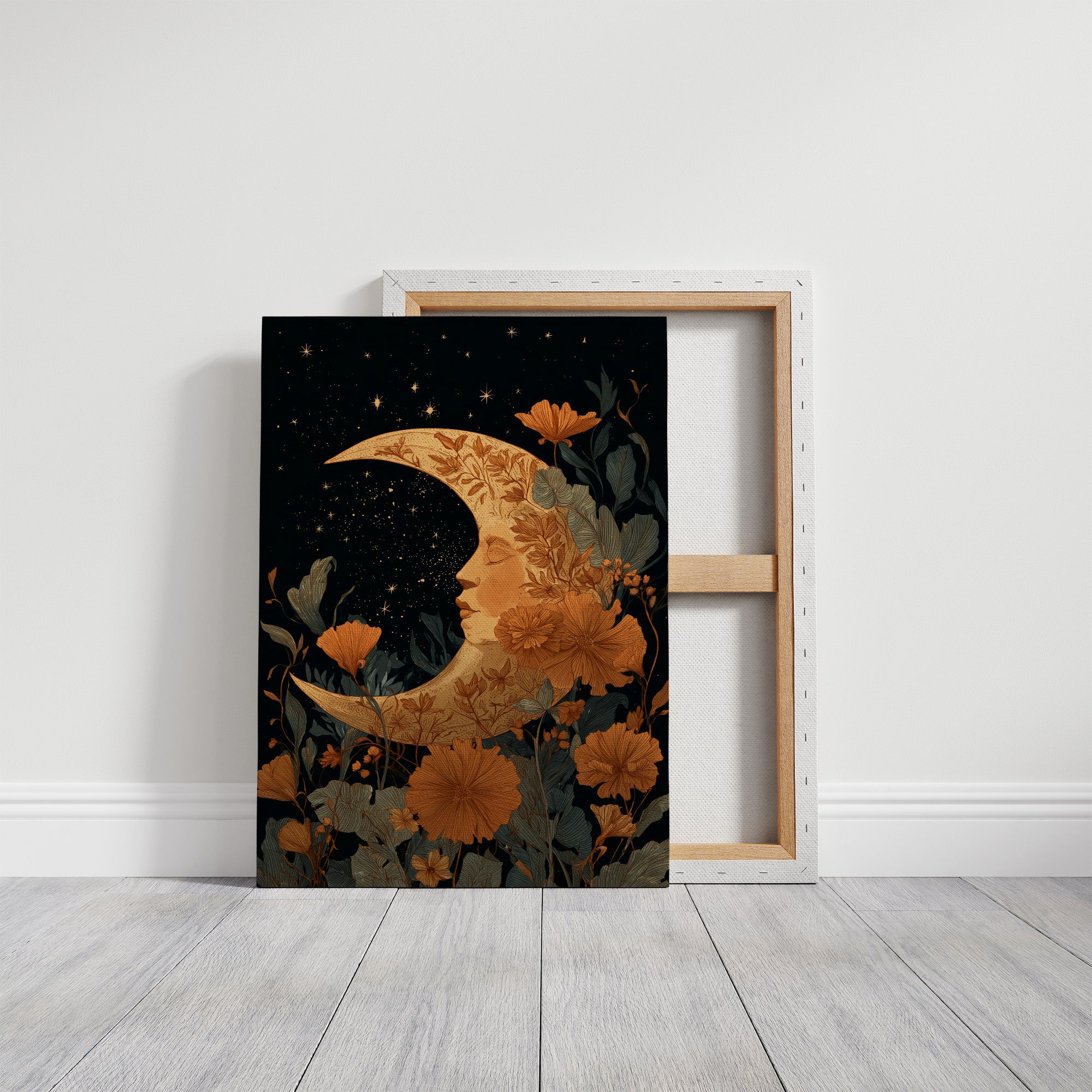 Copper Crescent Among Starlit Petals