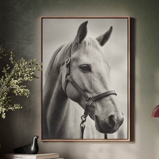 Framed portrait of a horse on a wall above a wooden console table with decor items.