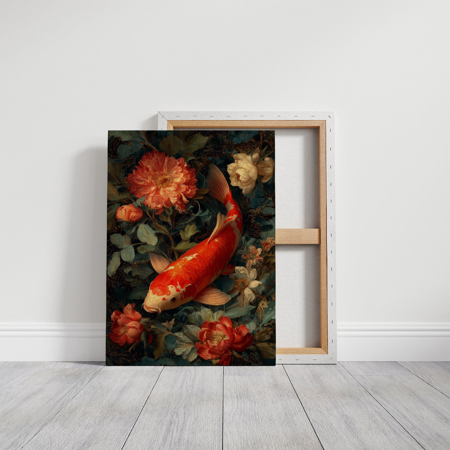 Scarlet Fins Among Coral Peonies