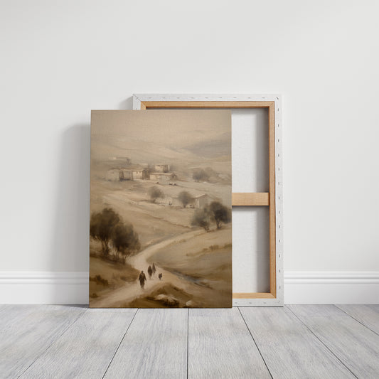 Travelers On Misty Village Path