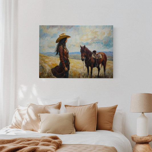 Cowgirl and Her Mustang on the Open Range