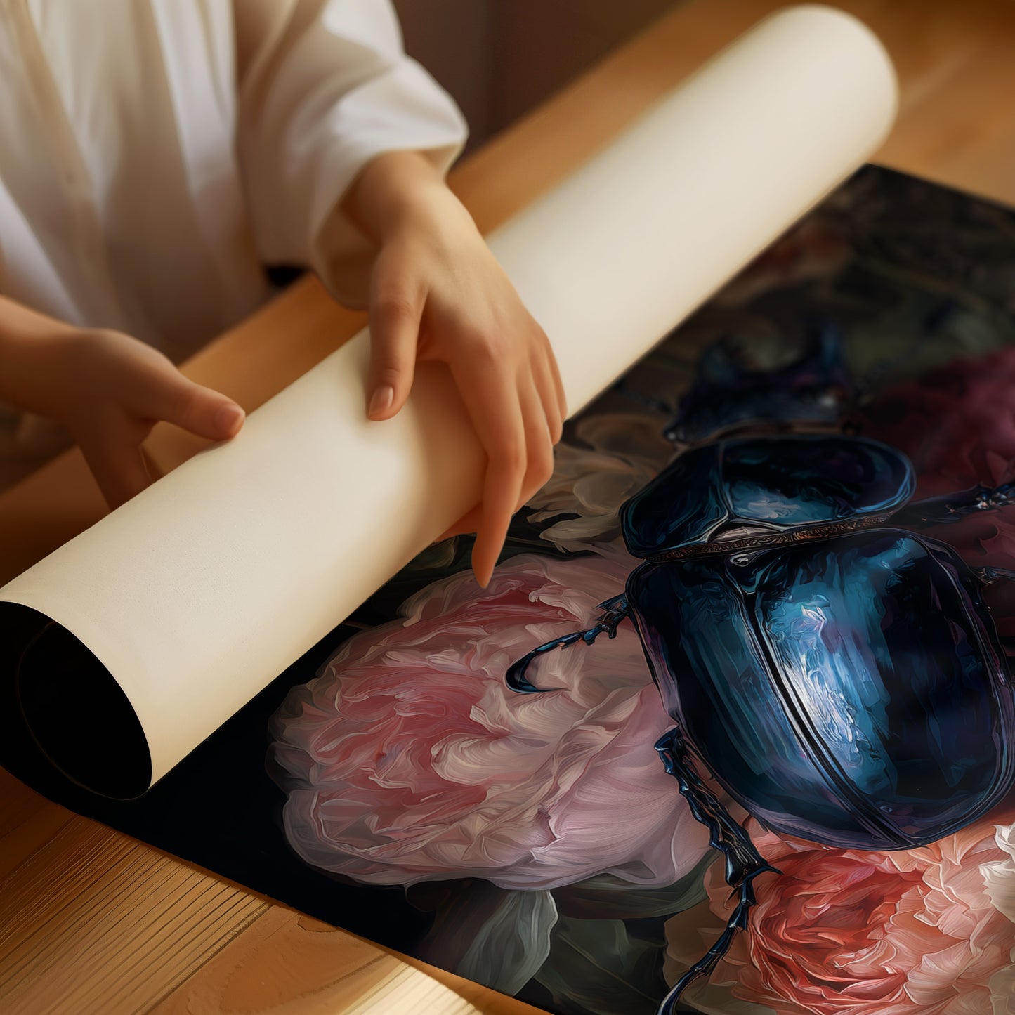 Sapphire Beetle Among Blushing Peonies