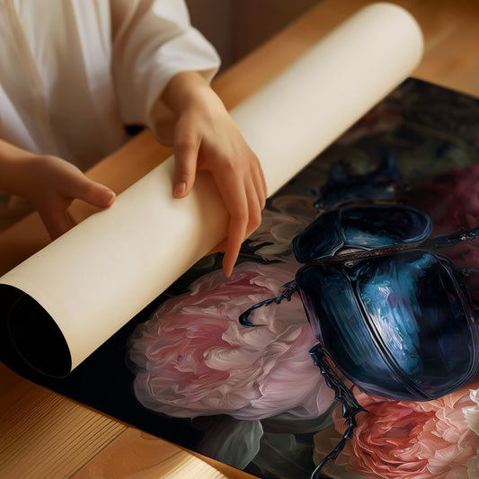 Sapphire Beetle Among Blushing Peonies