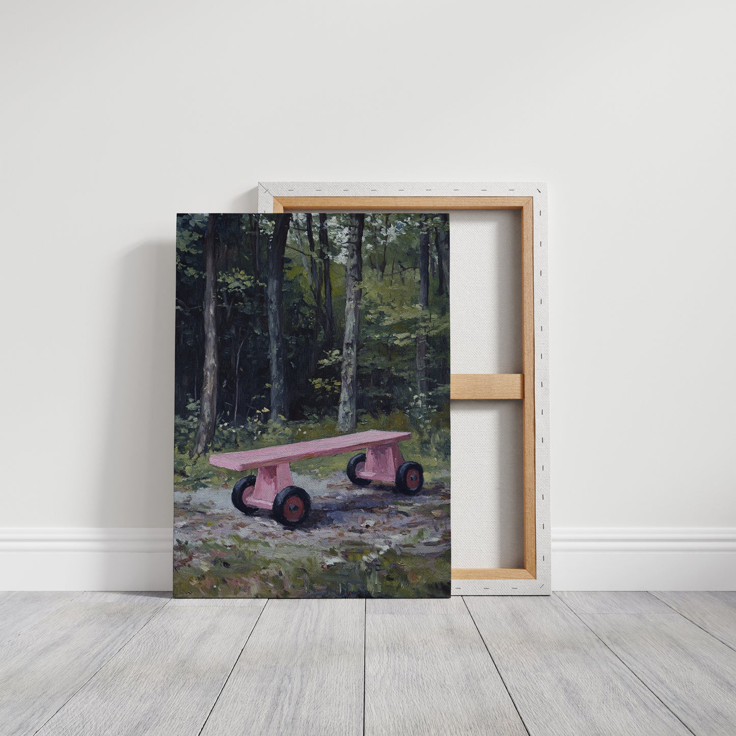Pink Bench Rests In Forest Shade