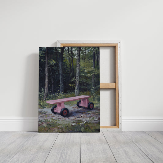 Pink Bench Rests In Forest Shade