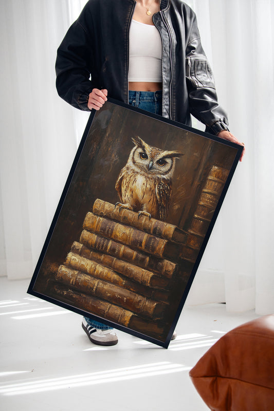 Wise Owl on Antique Books – Dark Academia Wall Art, Vintage Library Print, Scholar’s Study Decor
