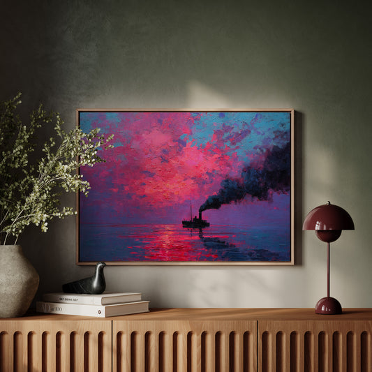 Steamship Sails Through Crimson Dawn