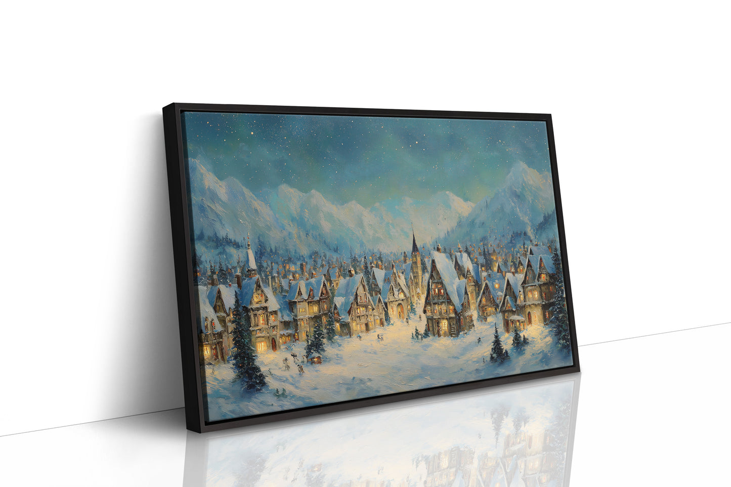 Winter Village Glows Under Mountain Stars