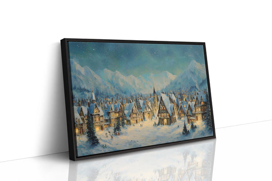Winter Village Glows Under Mountain Stars