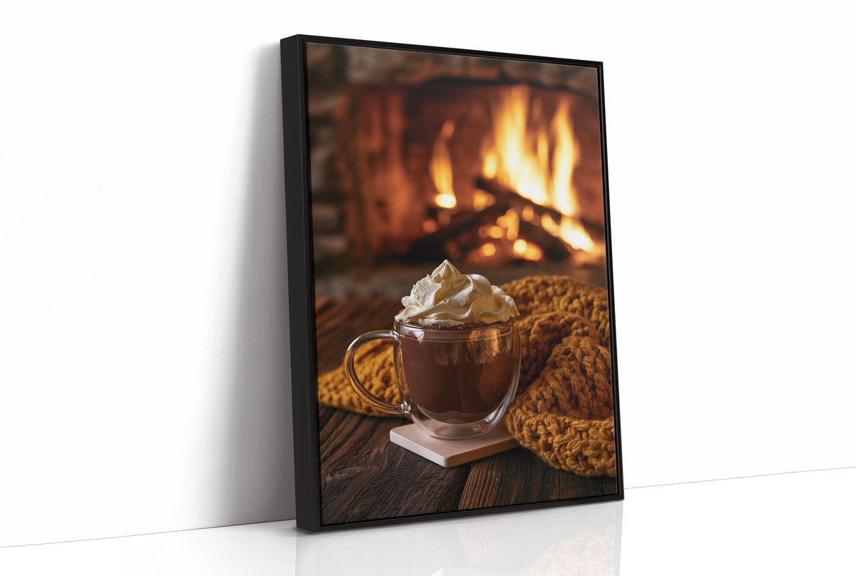 Cocoa Loco By The Fire, print in a black frame