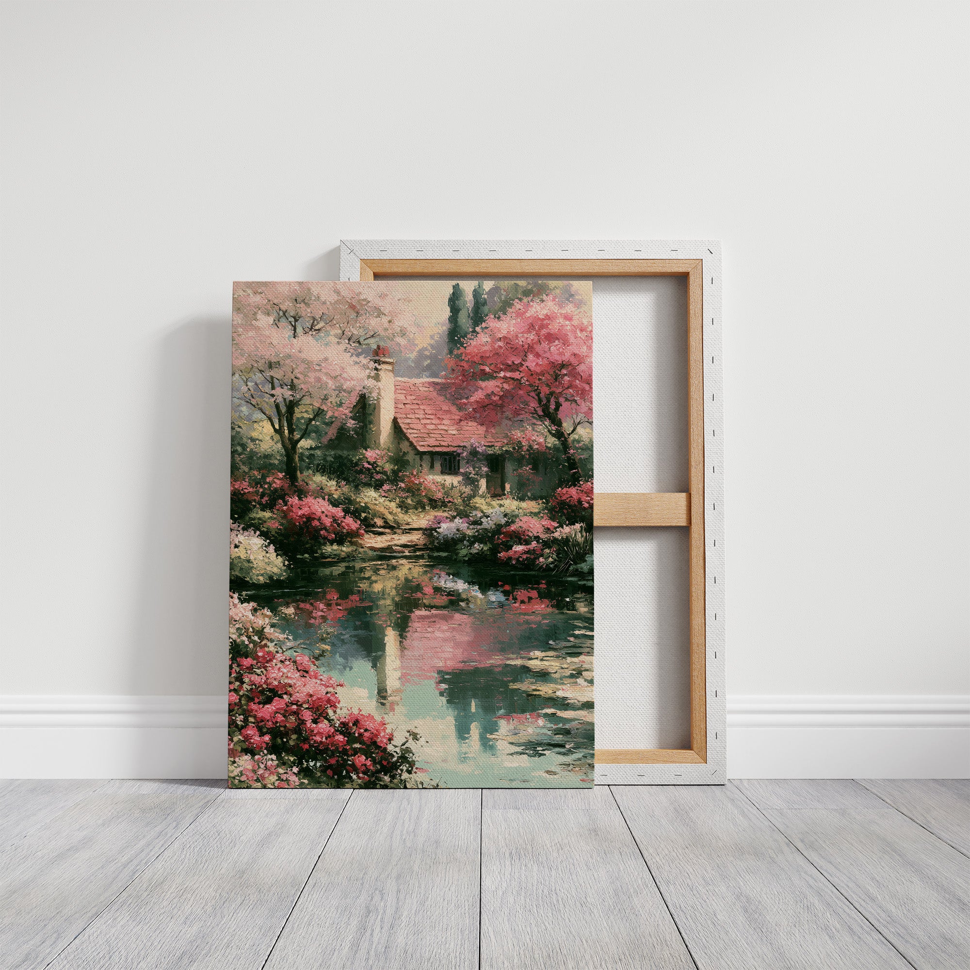 Blossoms and Reflections by the Cottage Pond