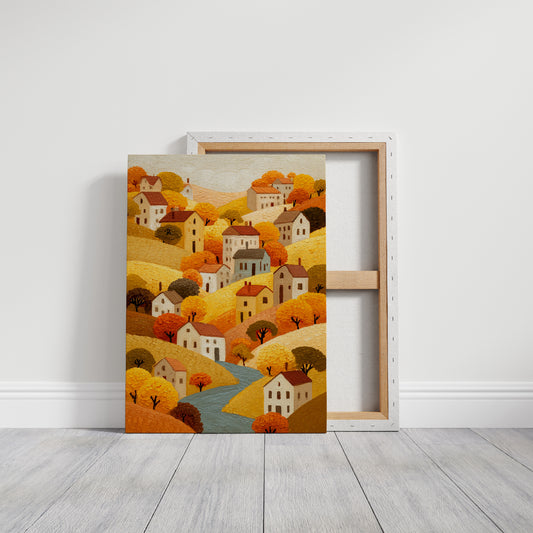 Autumn River Winds Through Village