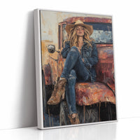 Cowgirl Resting on Rusted Truck