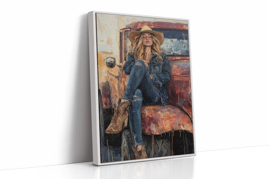 Cowgirl Resting on Rusted Truck