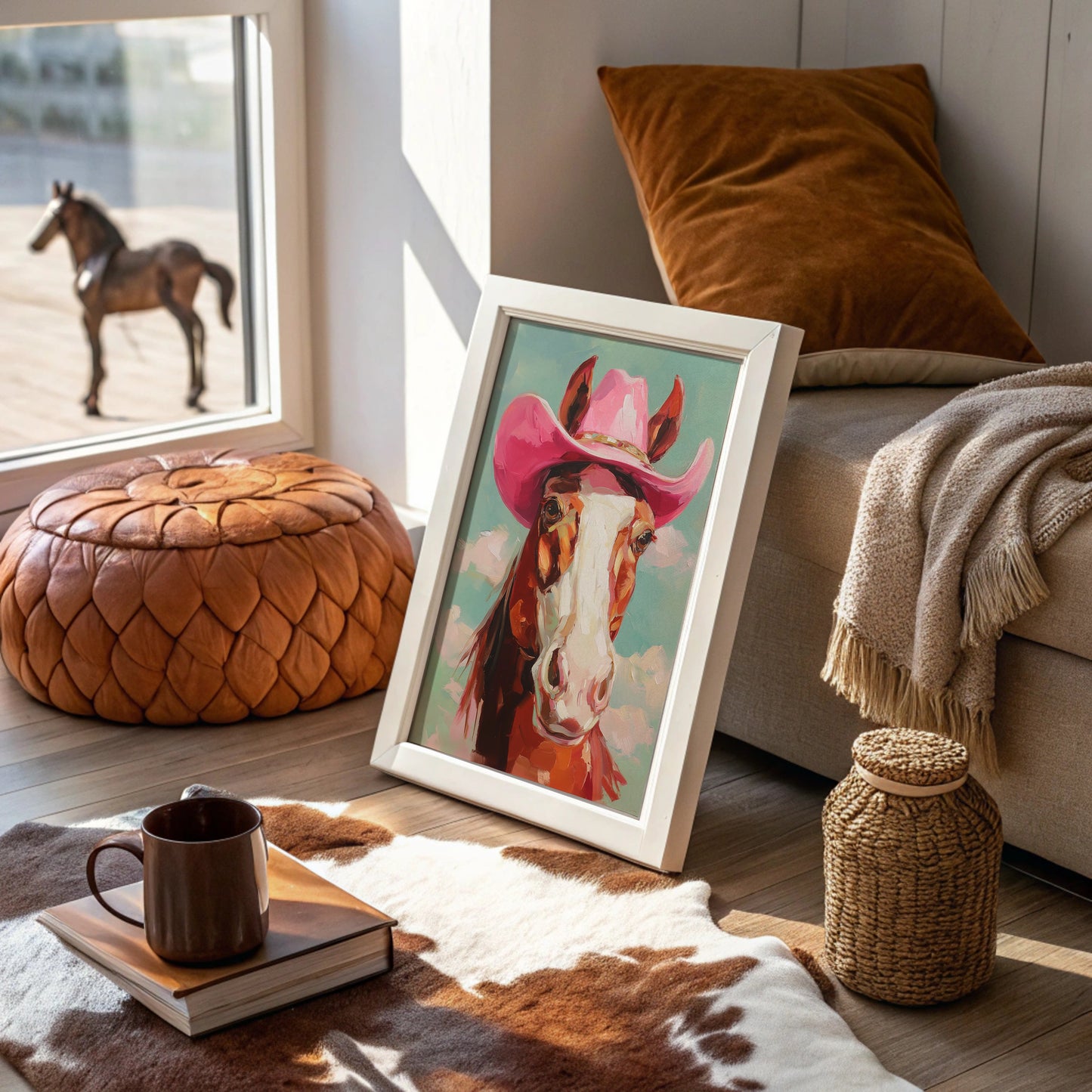 Pink Cowgirl Rides Through Turquoise Skies