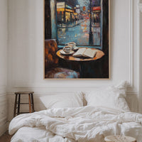 Cozy Rainy Cafe Scene – Atmospheric Coffee Shop Window Wall Art