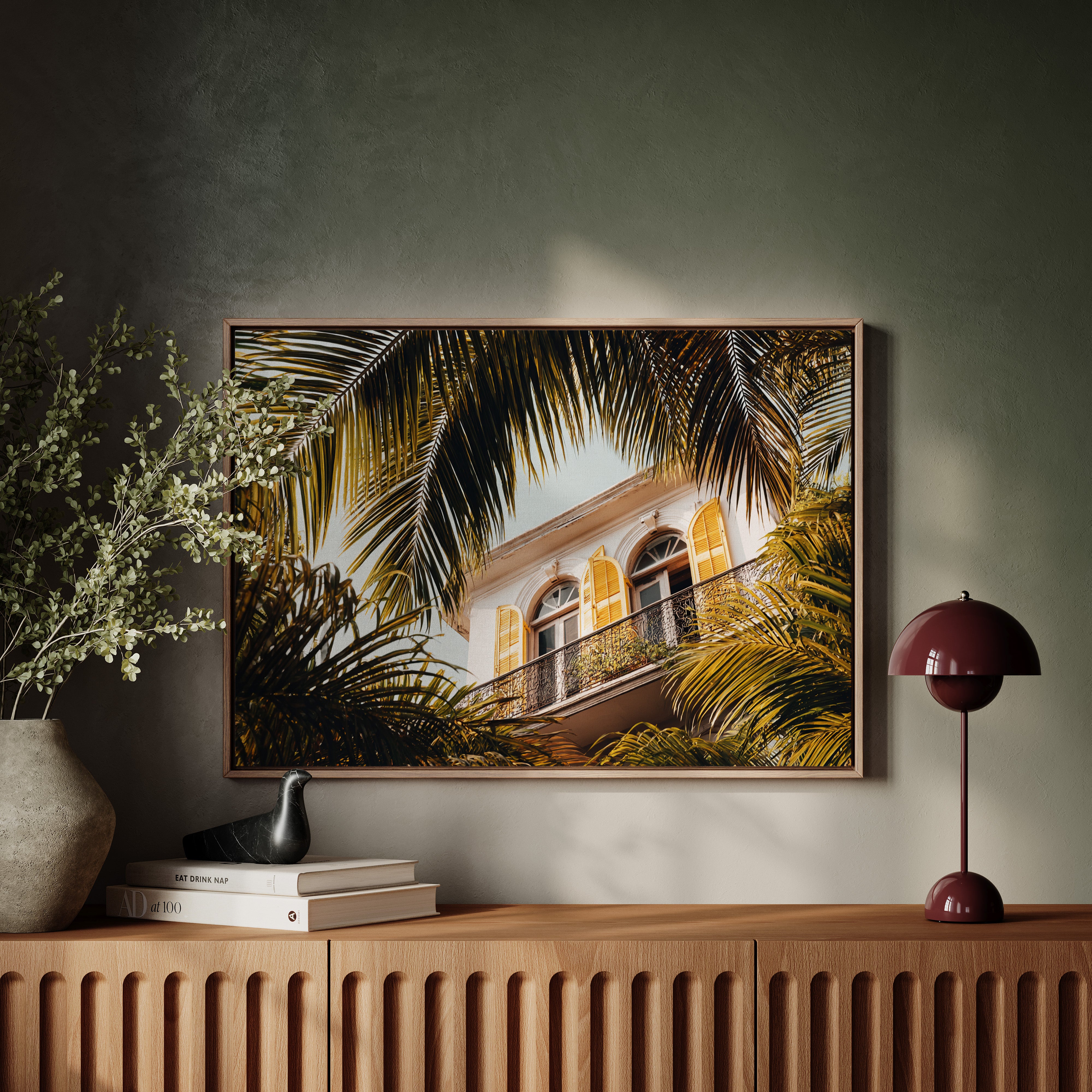 Golden Shutters Behind Palm Veils