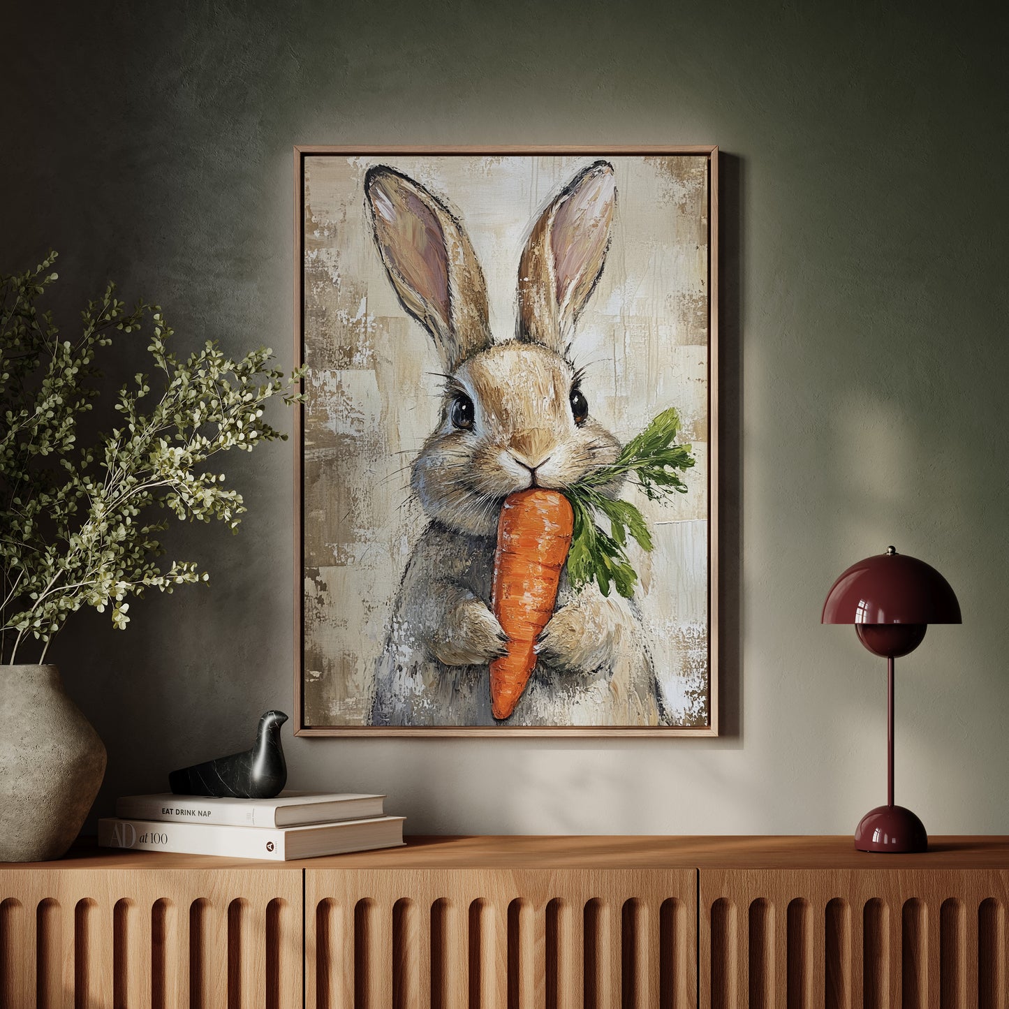 Adorable Bunny with Carrot – Rustic Farmhouse Animal Wall Art Print