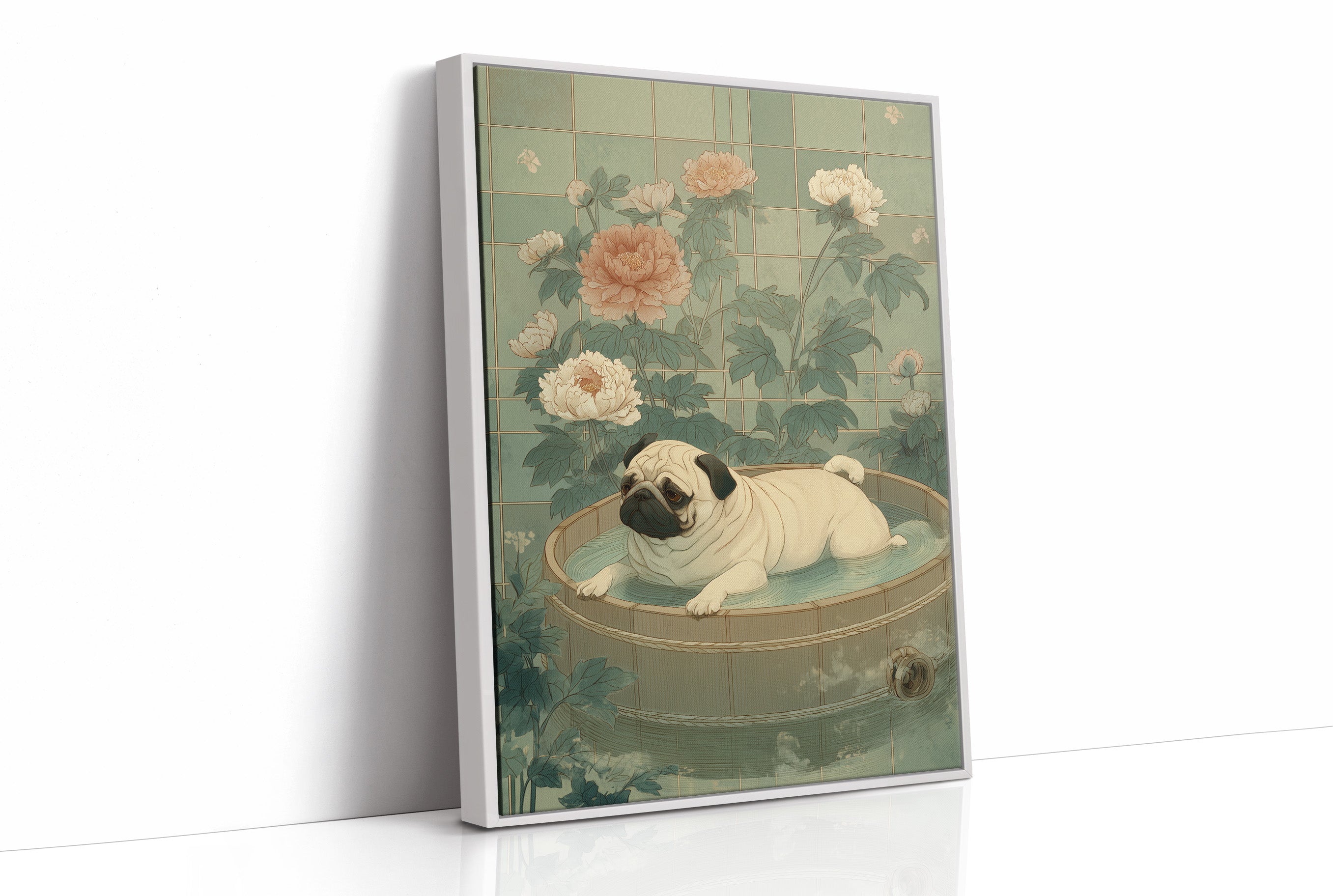 Pug's Peaceful Bath Among Peonies