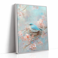 Blue Bird Rests Among Cherry Blossoms