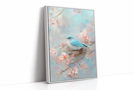 Blue Bird Rests Among Cherry Blossoms