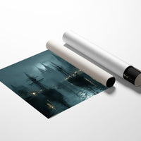 Harbor Lights Beyond Foggy Spires