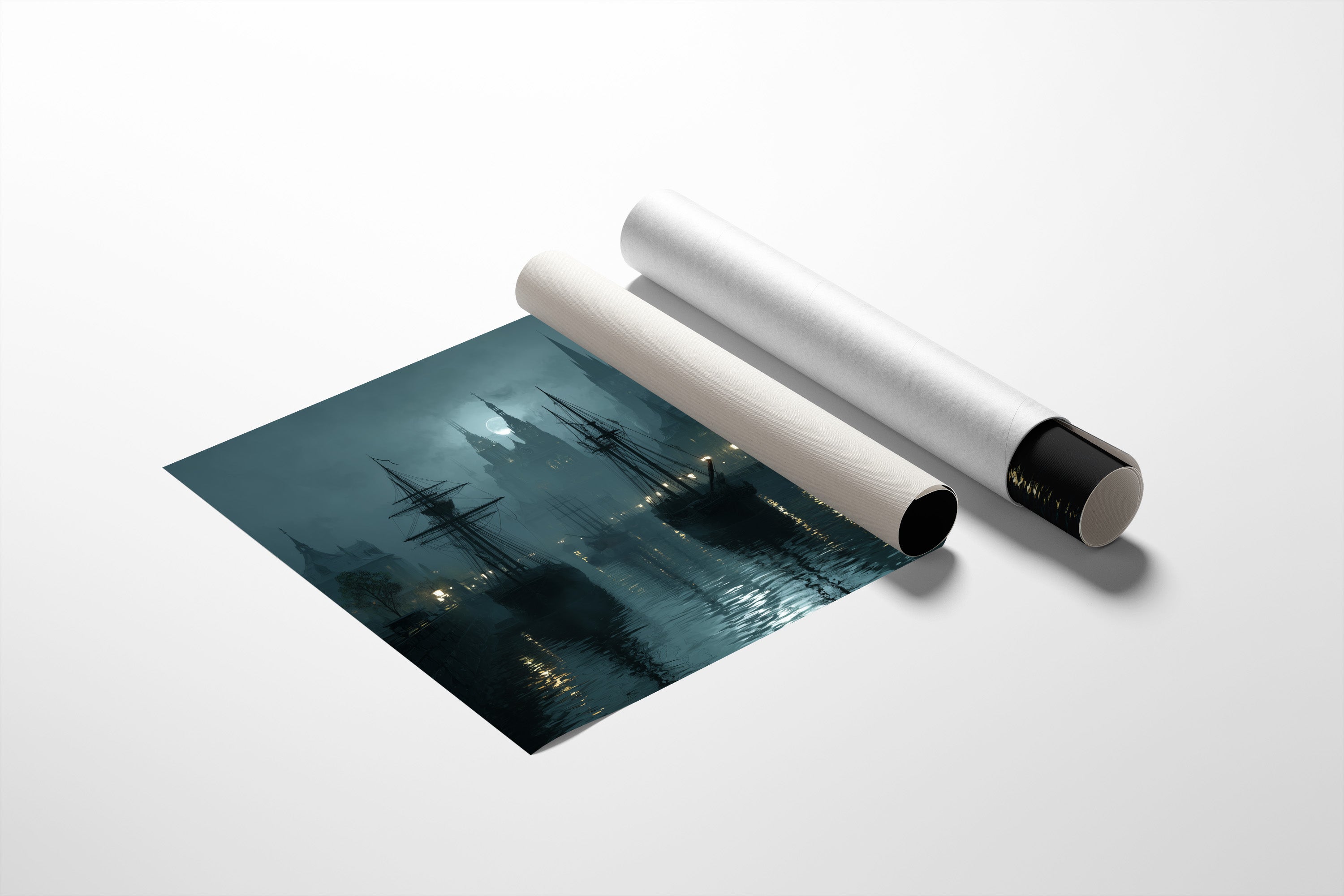 Harbor Lights Beyond Foggy Spires