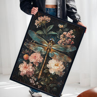Golden Dragonfly: Dark Floral Baroque Canvas Wall Art