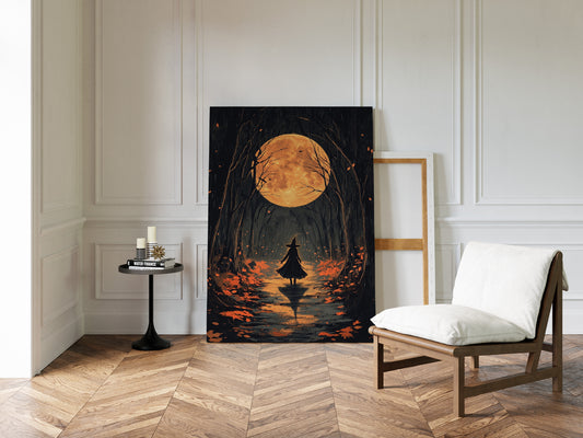 Witch Under Full Moon Art Print - Enchanting Autumn Scene - Gallery Canvas image 9