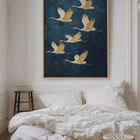 Elegant Sandhill Cranes in Flight – Japanese-Inspired Minimalist Bird Art
