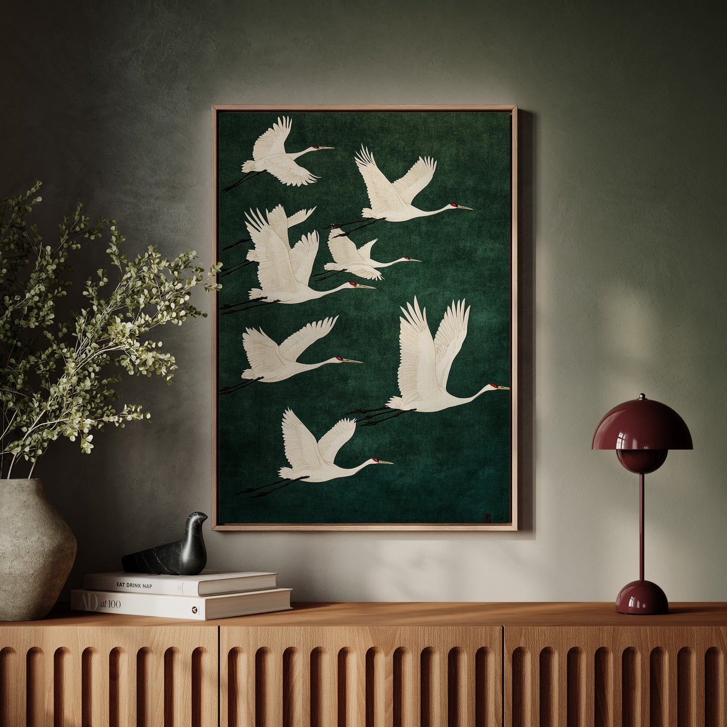 Elegant Cranes in Flight – Japanese Minimalist Wall Art Print