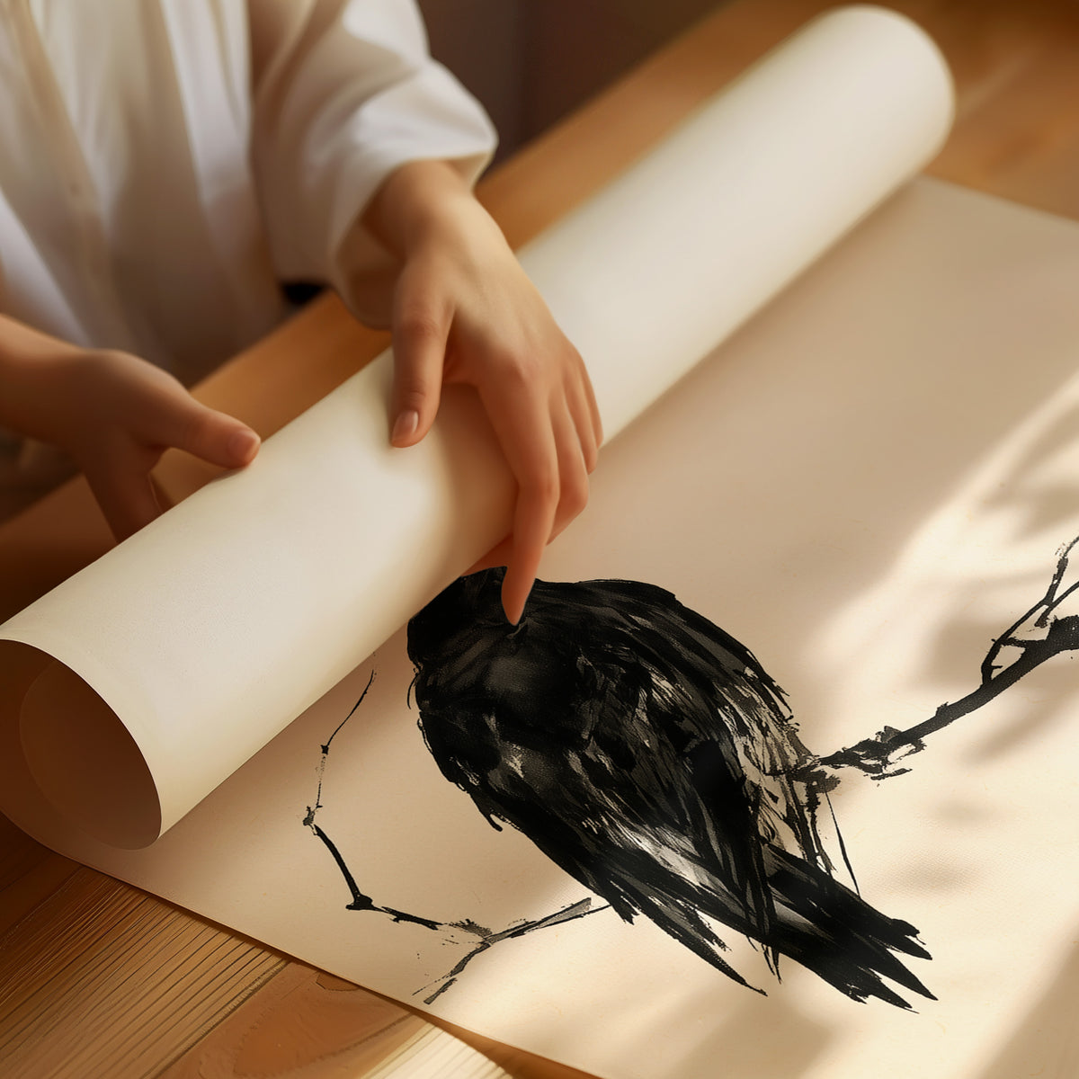 Raven Moonlit Branch Sumi-e