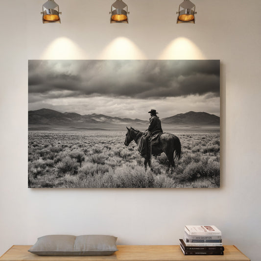 Framed black and white artwork of a person on horseback in a desert landscape above a wooden bench.