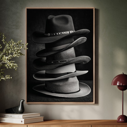 Framed artwork of stacked hats on a wall above a wooden console table.