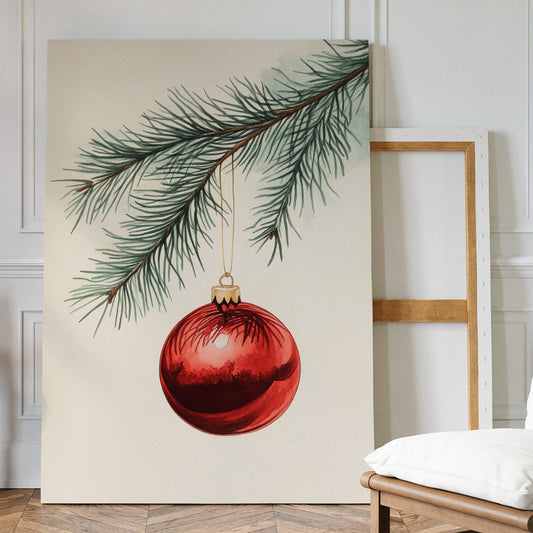 Festive Red Ornament Watercolor Print - Holiday Wall Art - Gallery Canvas image 1