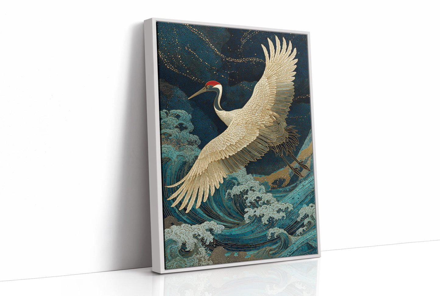 Crane Soars Through Starlit Waves