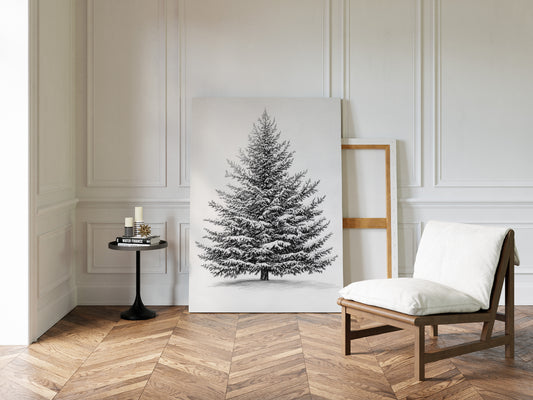 Snow-Covered Pine Tree Drawing - Winter Botanical Art - Gallery Canvas image 4