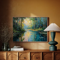 Sunlit Waters Between Tall Pines