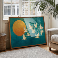 Cranes Dance Against Golden Moon