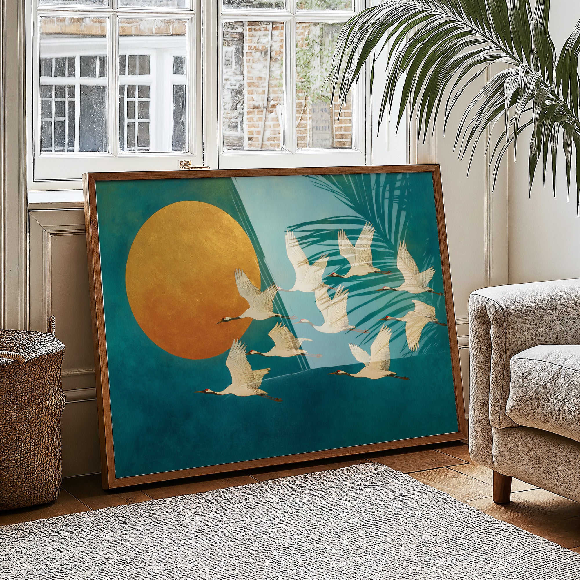 Cranes Dance Against Golden Moon